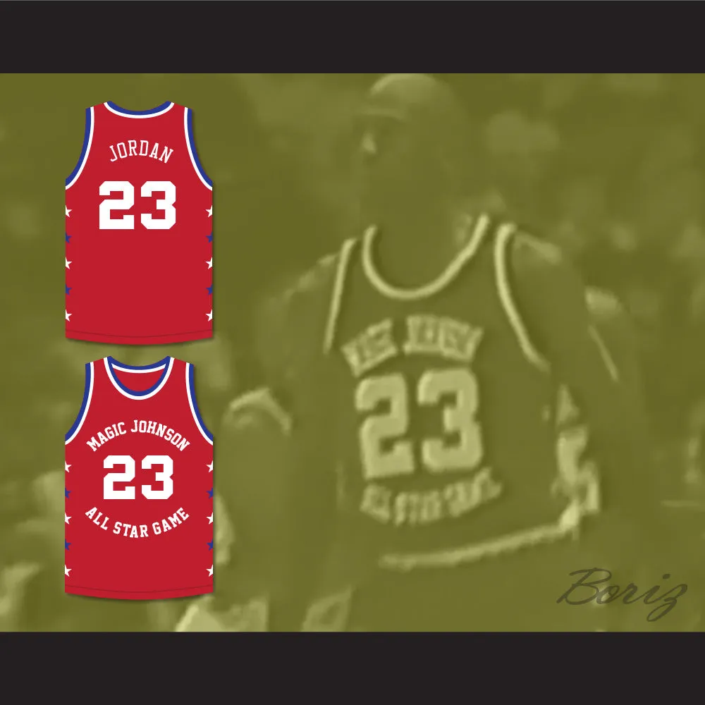 Michael Jordan 23 Magic Johnson All Star Game Red Basketball Jersey 1990 Midsummer Night's Magic Charity Event