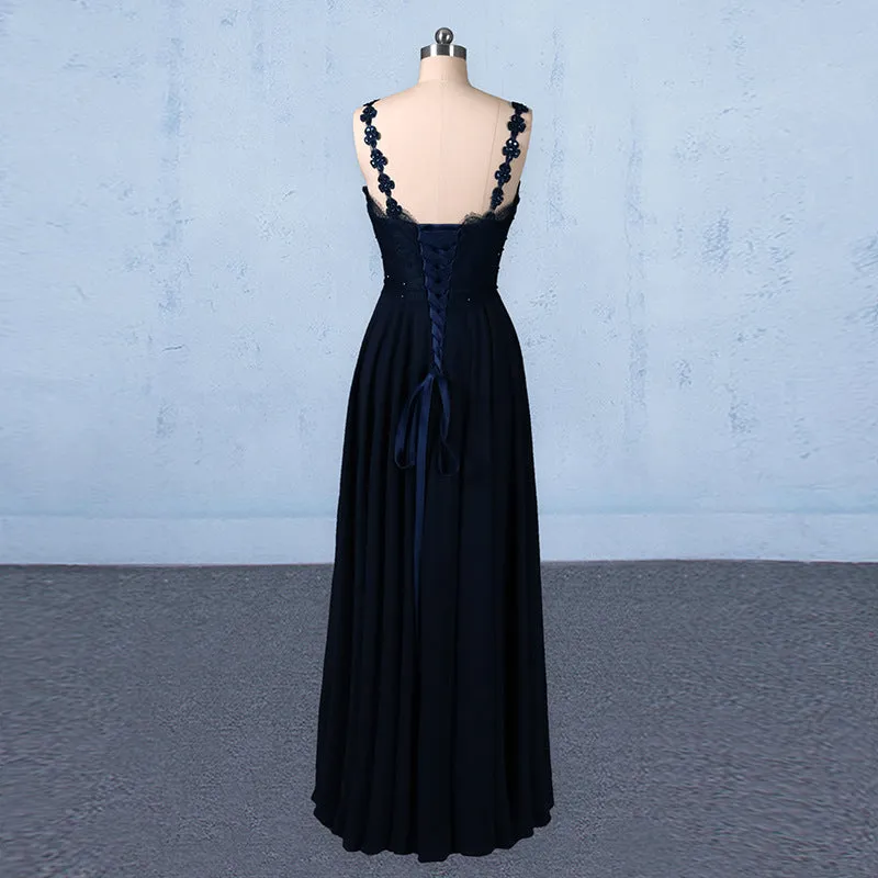 Navy Blue Chiffon V Neck A Line Long Prom Dress With Lace Top OKQ21