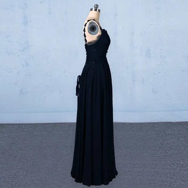 Navy Blue Chiffon V Neck A Line Long Prom Dress With Lace Top OKQ21