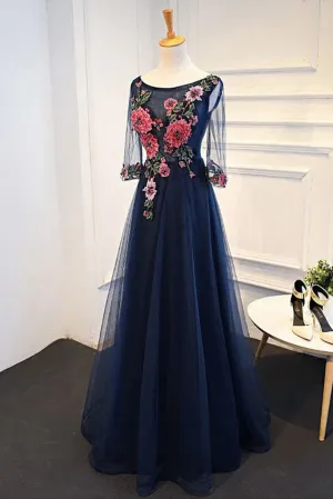 Navy Blue Tulle A-line Flower Appliques Prom Dresses With Sleeves,Long Formal Evening Dress OKA28