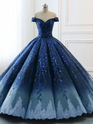 Navy Lace Applique Off Shoulder Ball Gown Princess Prom Dresses ,PD00137