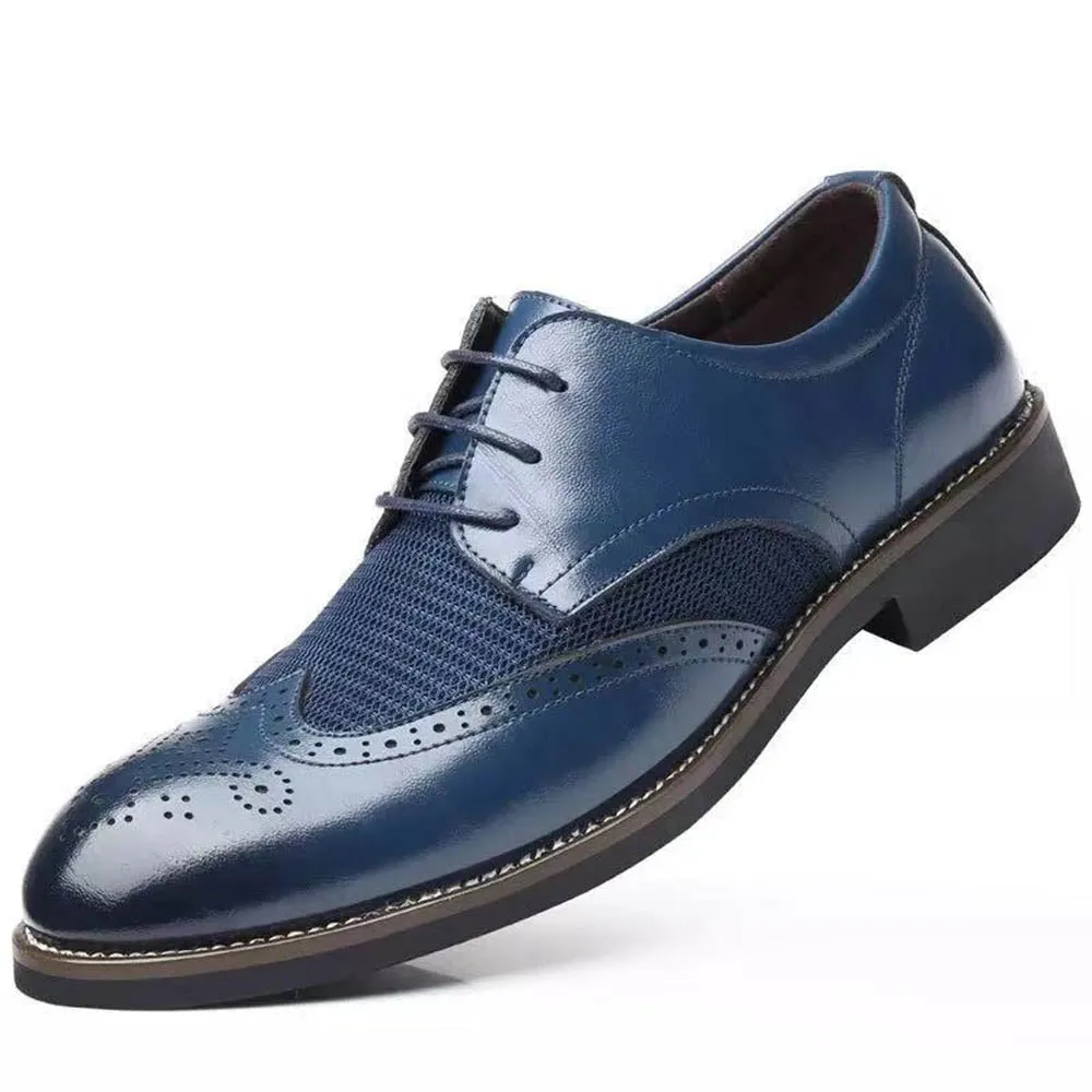 Non Skid Blue Mens Premium Leather Dress Shoes -Oxford Lace Up Style Walking Shoes
