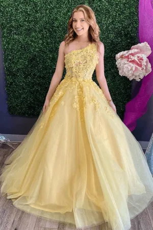 One Shoulder Floral Long Prom Dress Yellow Evening Dress TP1108