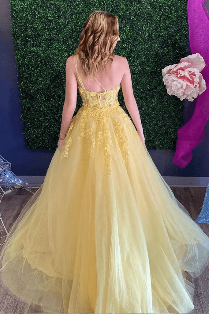 One Shoulder Floral Long Prom Dress Yellow Evening Dress TP1108