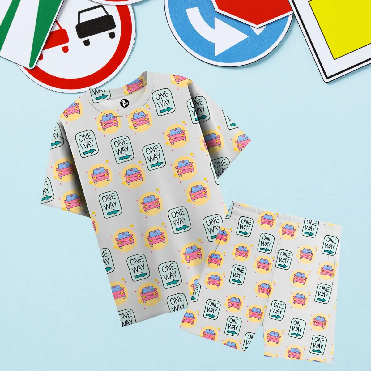 One Way Playful Cars All Over Printed Unisex T-Shirt & Shorts Co-Ord Set