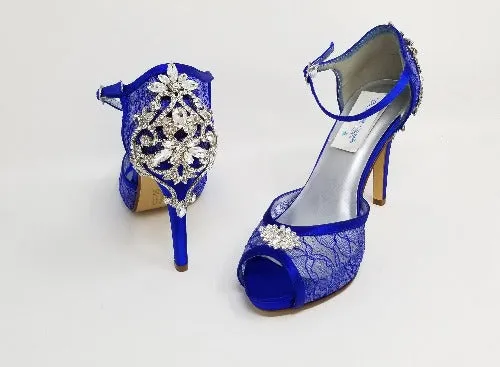 Royal Blue Bridal Shoes with Crystal Heel Design