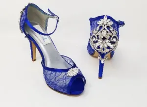 Royal Blue Bridal Shoes with Crystal Heel Design