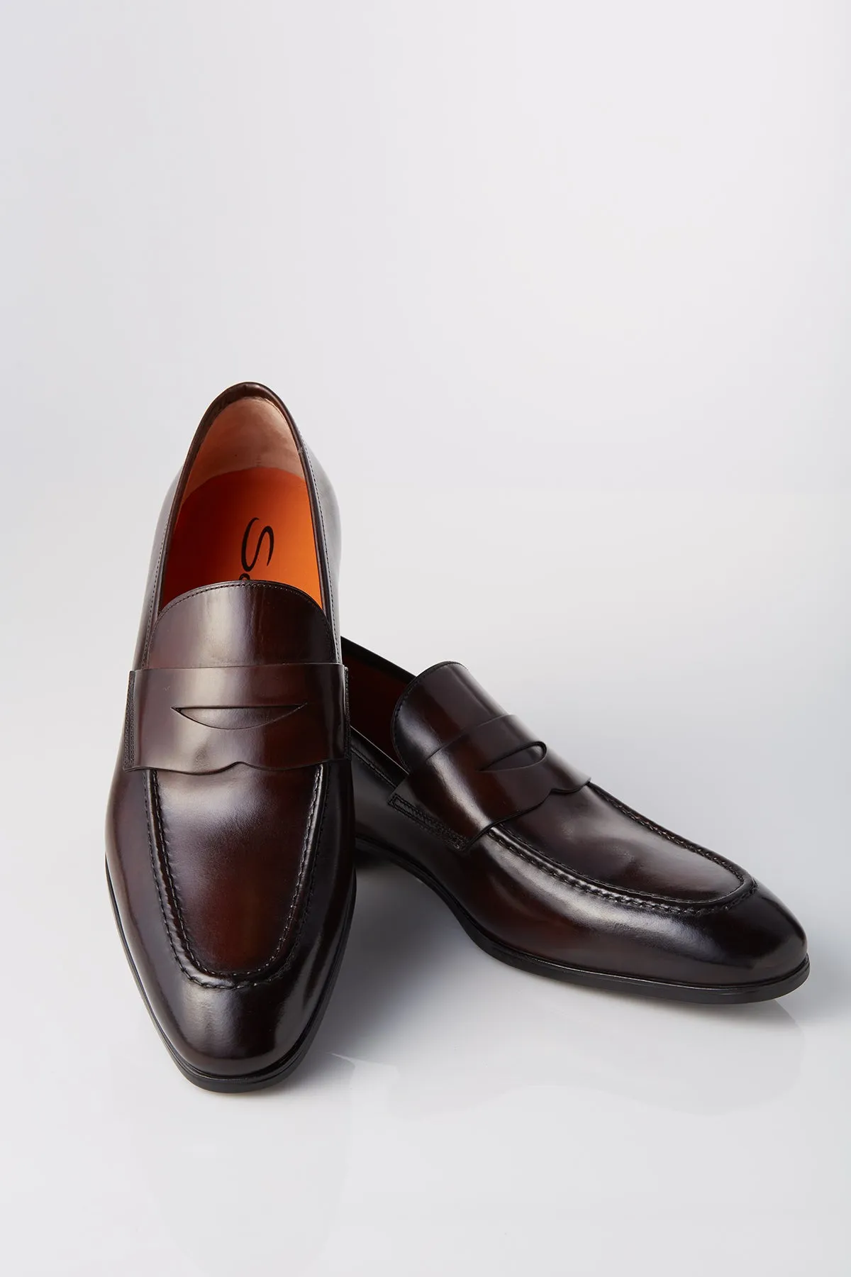 Santoni Gavin Leather Penny Loafer in Dark Brown