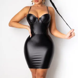 Solid Sleevelss PU Leather Spaghetti Strap Dress