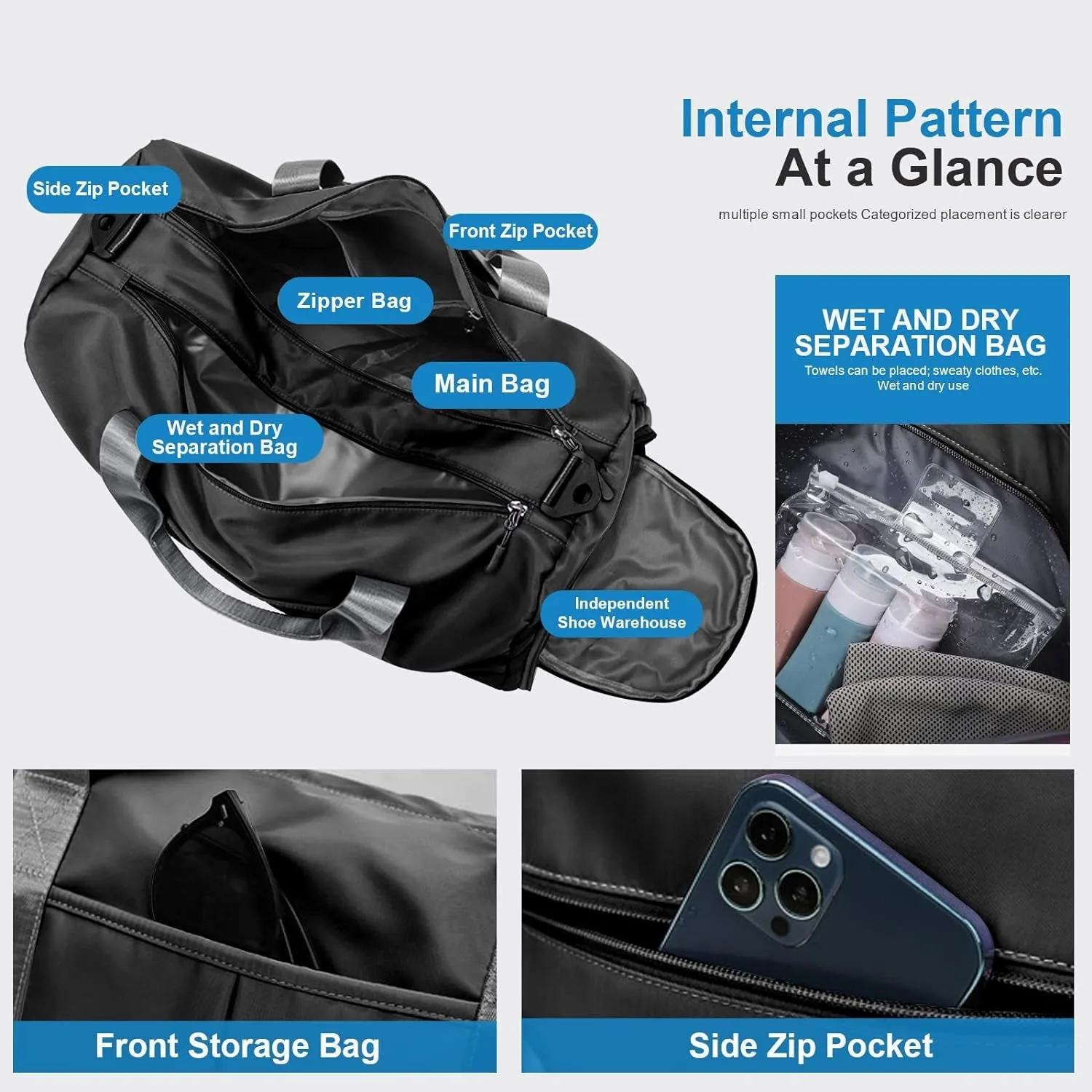 Sports Gym Bag with Wet Pocket & Shoes Compartment, Waterproof Shoulder Weekender Bag for Women and Men Swim Sports Travel Gym Bag Lightweight and Easy Carry on Black