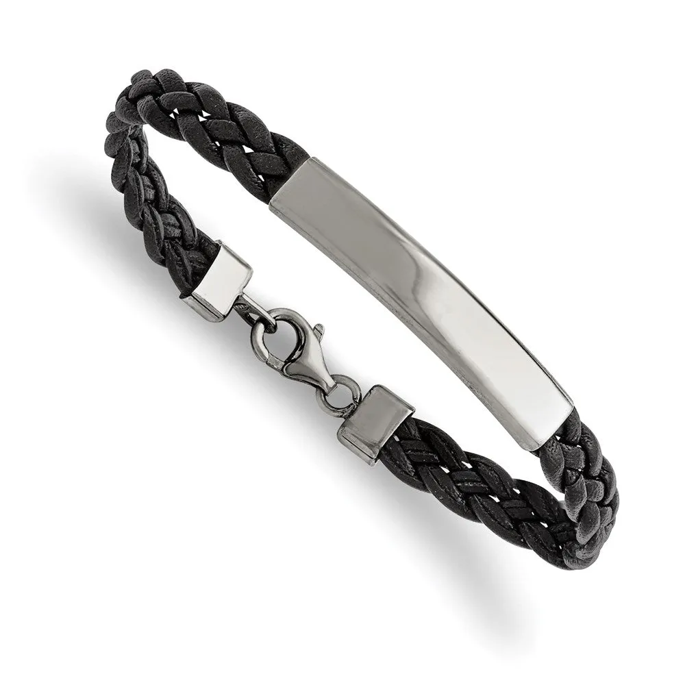 Stainless Steel Polished Black Leather 8in ID Bracelet