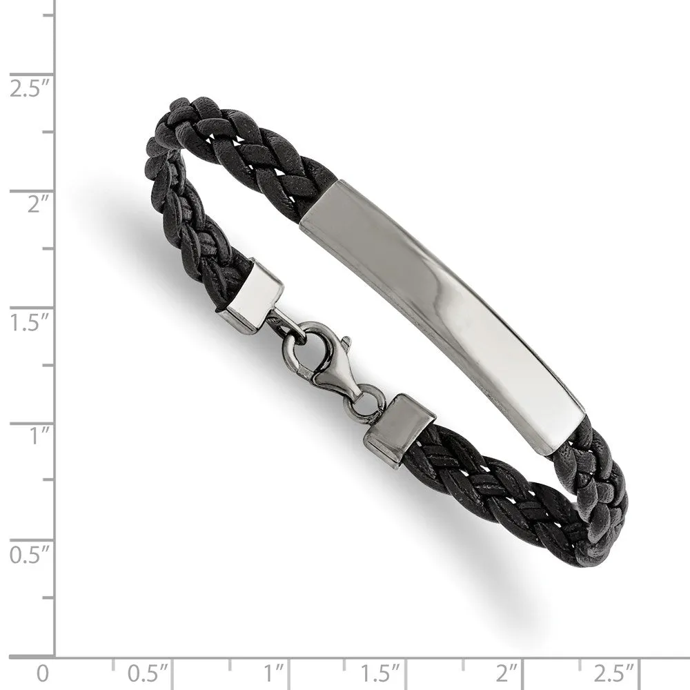 Stainless Steel Polished Black Leather 8in ID Bracelet
