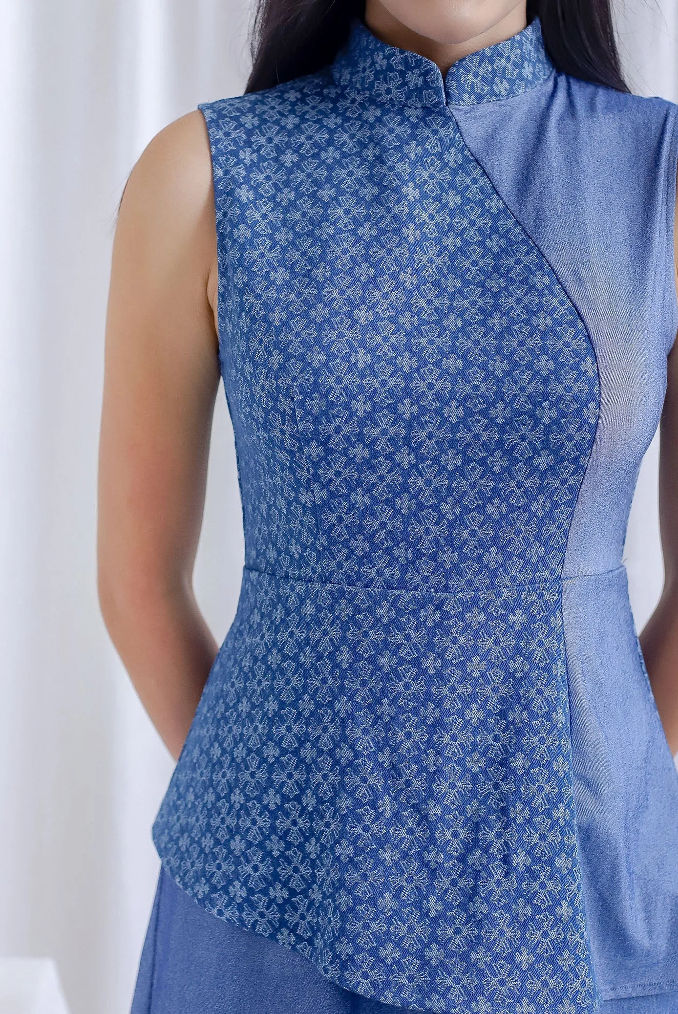Terra Floral Overlay Denim Romper In Light Wash
