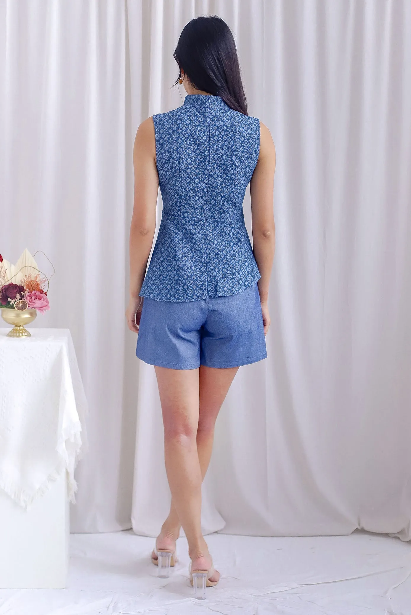 Terra Floral Overlay Denim Romper In Light Wash