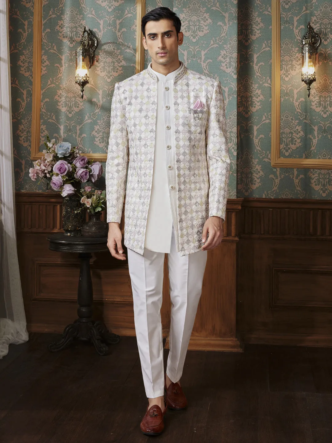Textured Jacket Style Short Jodhpuri Set