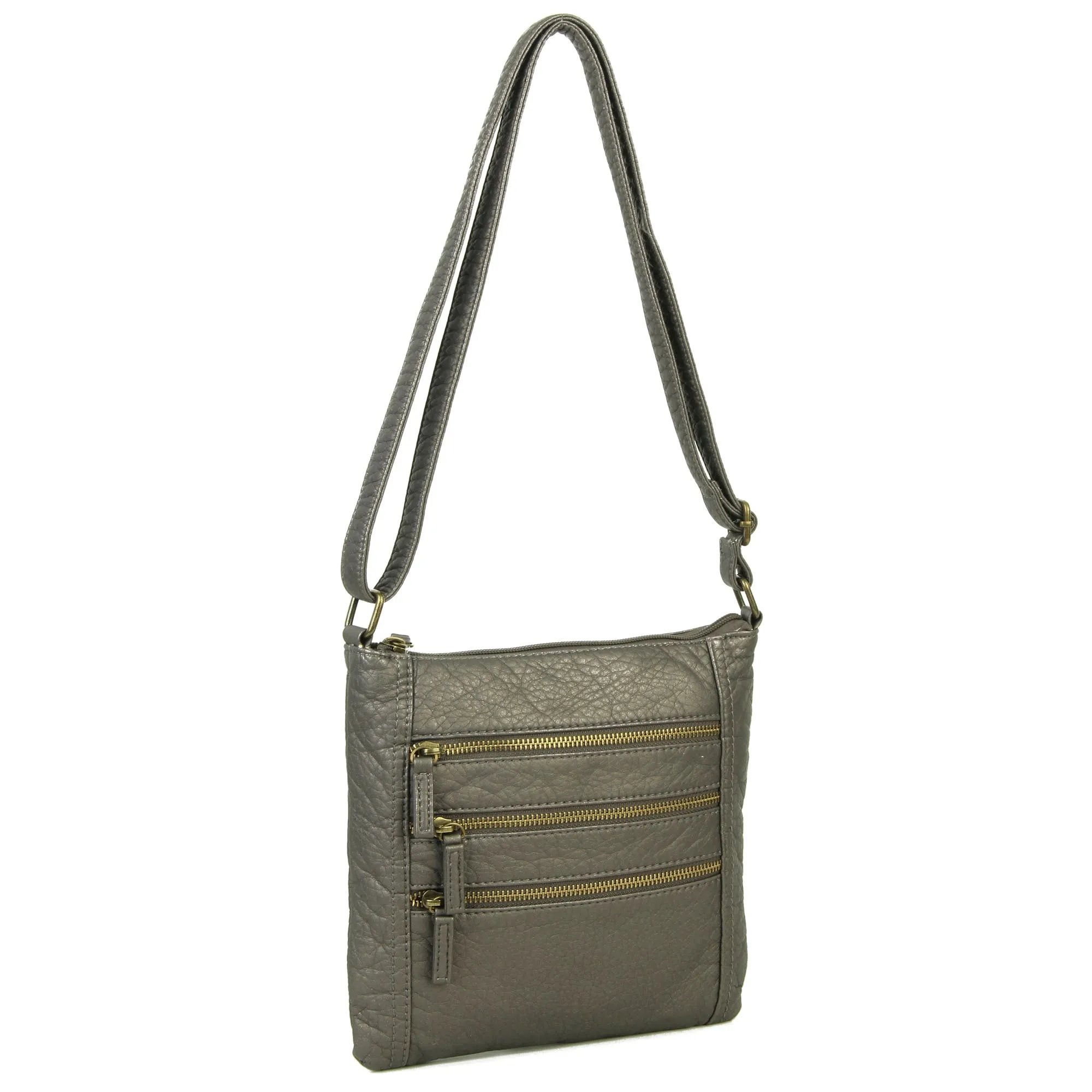 The Camile Three Zip Crossbody - Dark Silver Metallic
