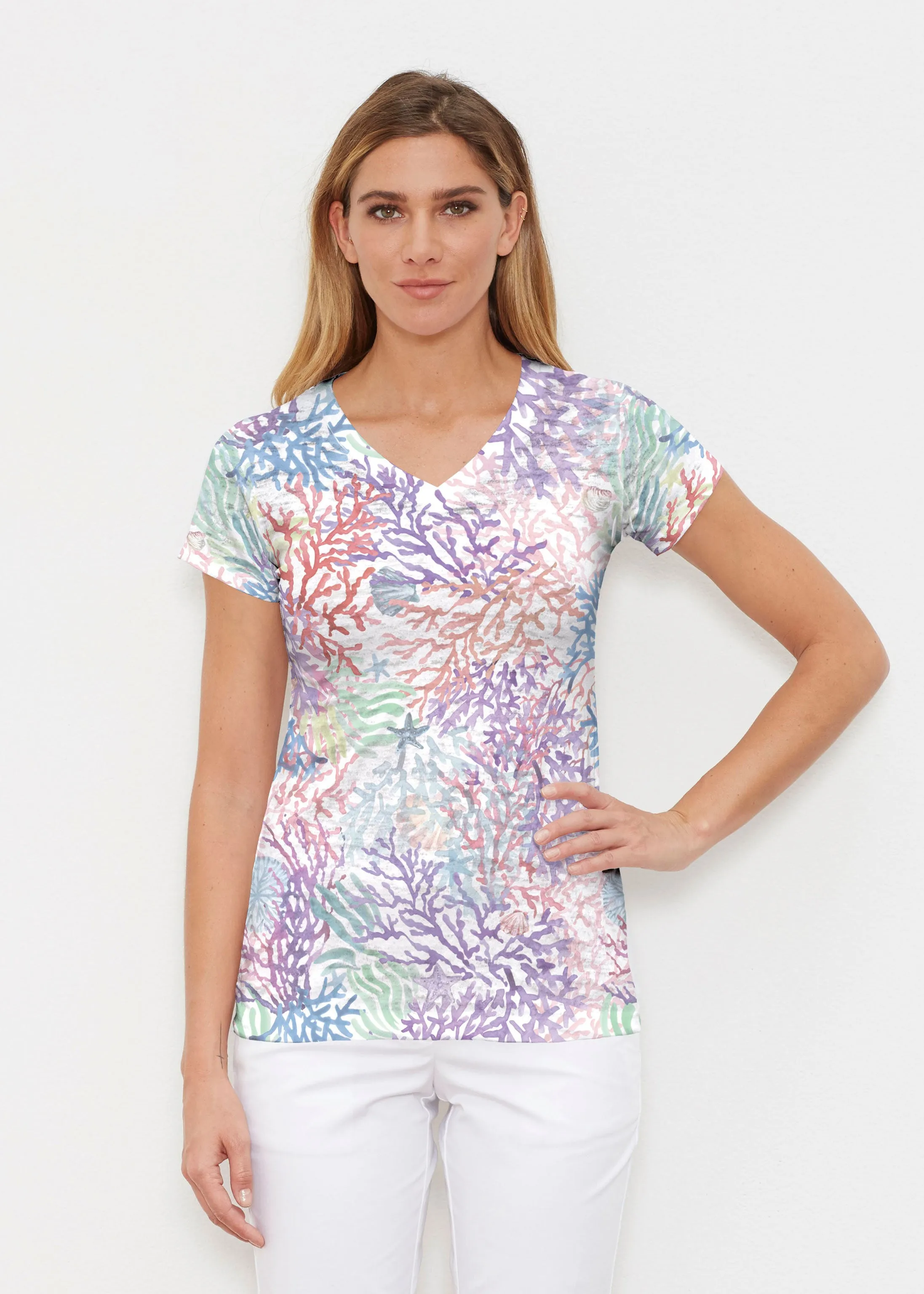 Tropic Coral (8112) ~ Signature Cap Sleeve V-Neck Shirt
