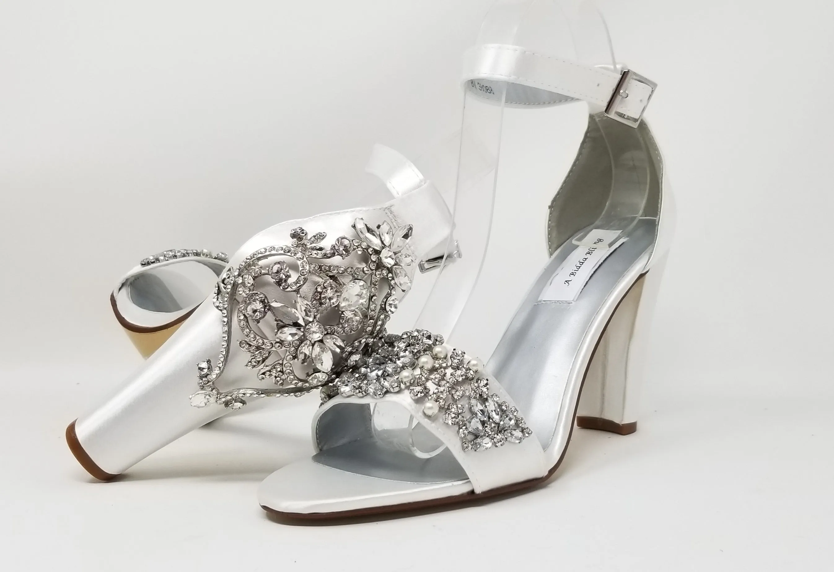 White Wedding Shoes with Crystal Front and Heel Design