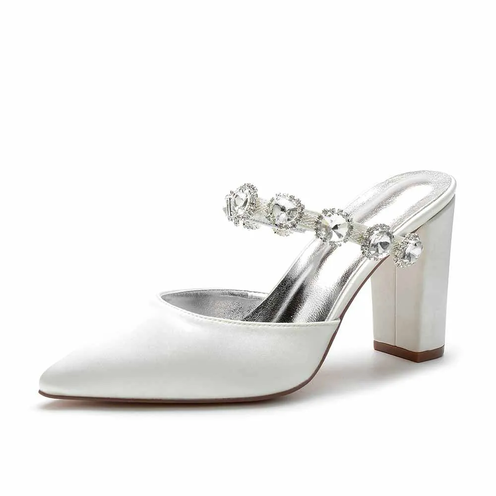 Women hand-made chunky heels party satin slippers