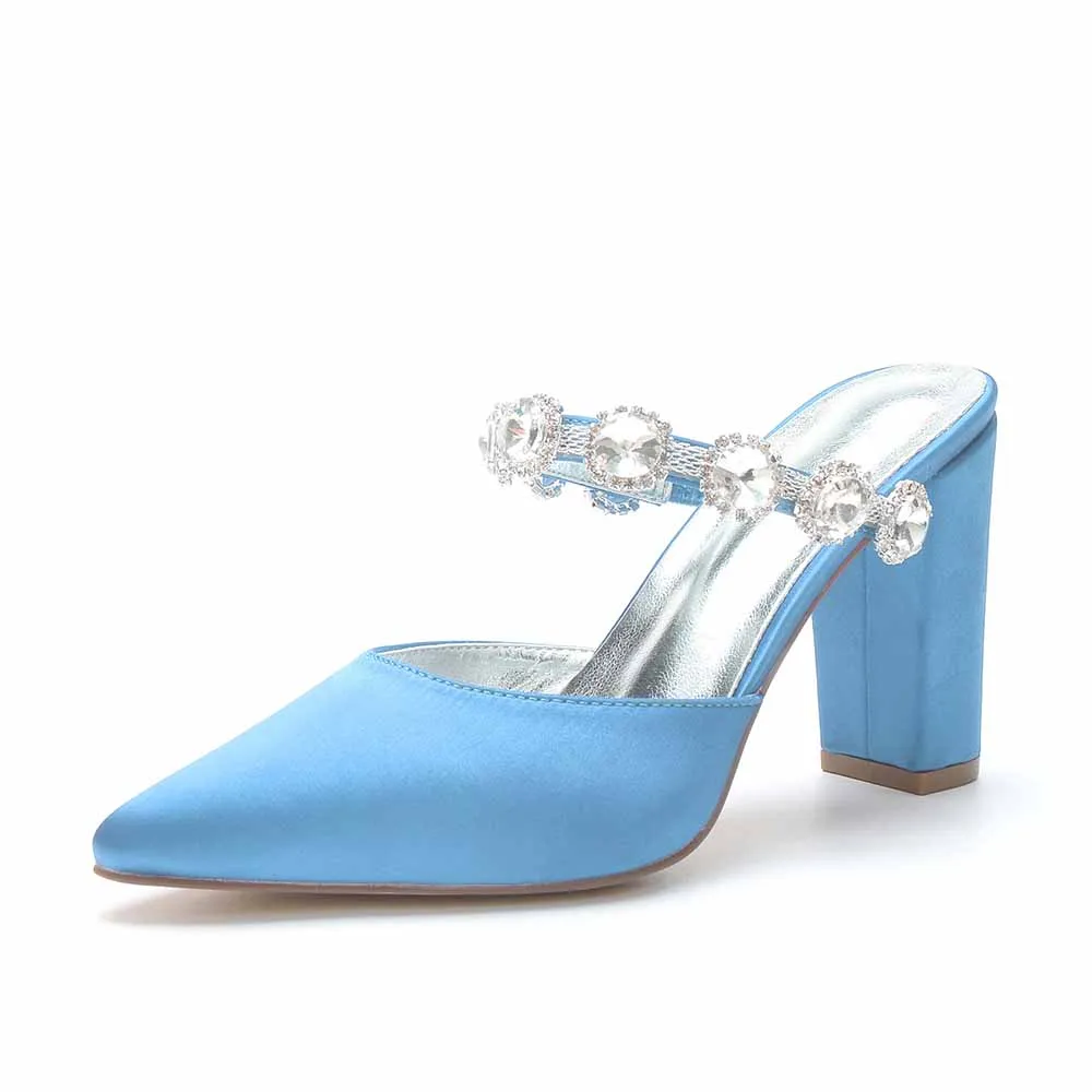 Women hand-made chunky heels party satin slippers