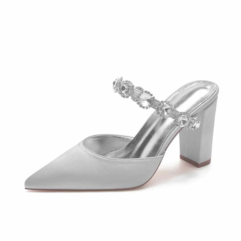 Women hand-made chunky heels party satin slippers
