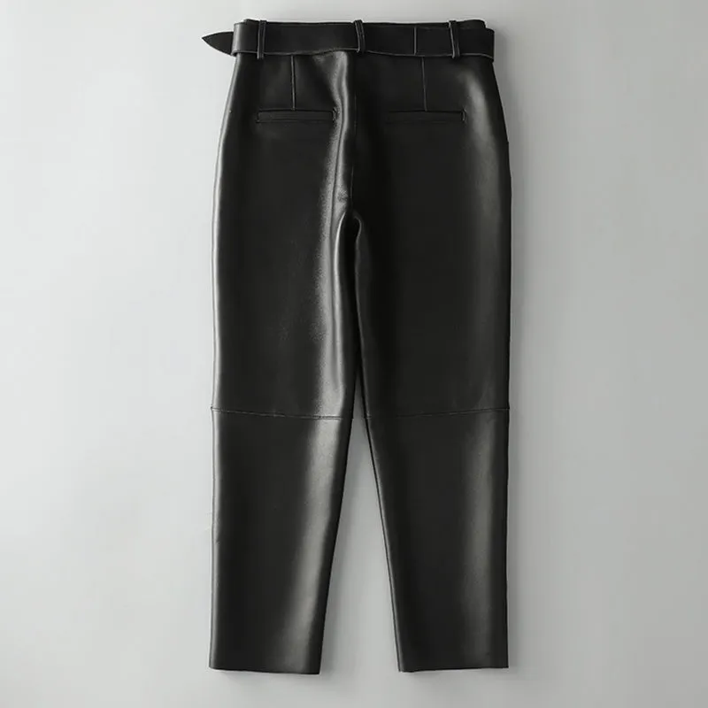Women Leather Cropped Pants Solid Pencil Pants Slim Belt Leather Sheepskin Harem Pants Trousers Casual 2022 New SY3984