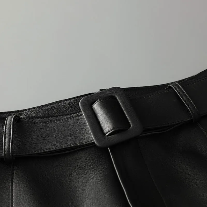 Women Leather Cropped Pants Solid Pencil Pants Slim Belt Leather Sheepskin Harem Pants Trousers Casual 2022 New SY3984