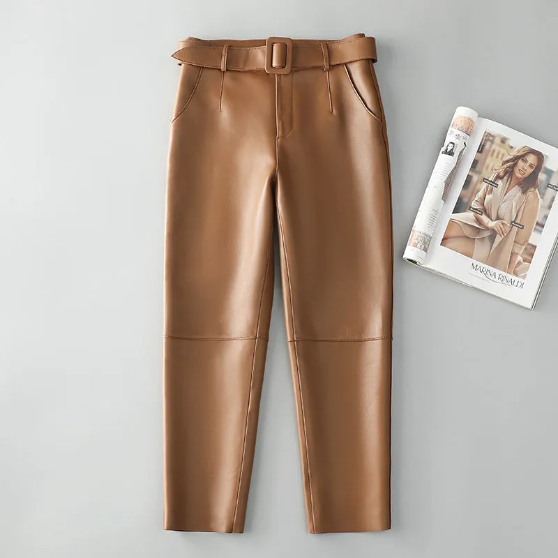 Women Leather Cropped Pants Solid Pencil Pants Slim Belt Leather Sheepskin Harem Pants Trousers Casual 2022 New SY3984
