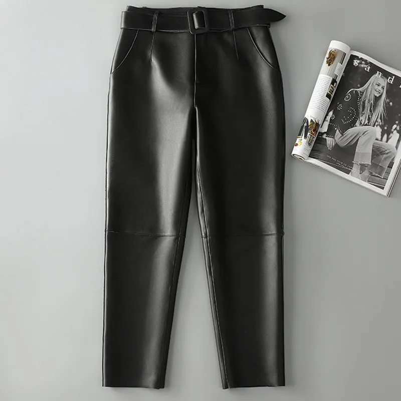 Women Leather Cropped Pants Solid Pencil Pants Slim Belt Leather Sheepskin Harem Pants Trousers Casual 2022 New SY3984