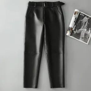 Women Leather Cropped Pants Solid Pencil Pants Slim Belt Leather Sheepskin Harem Pants Trousers Casual 2022 New SY3984