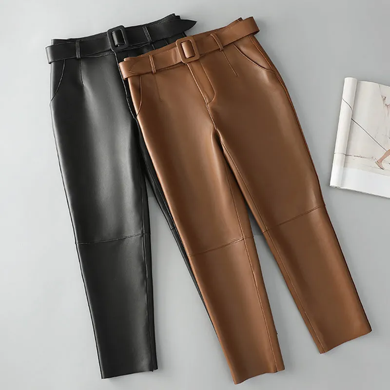 Women Leather Cropped Pants Solid Pencil Pants Slim Belt Leather Sheepskin Harem Pants Trousers Casual 2022 New SY3984
