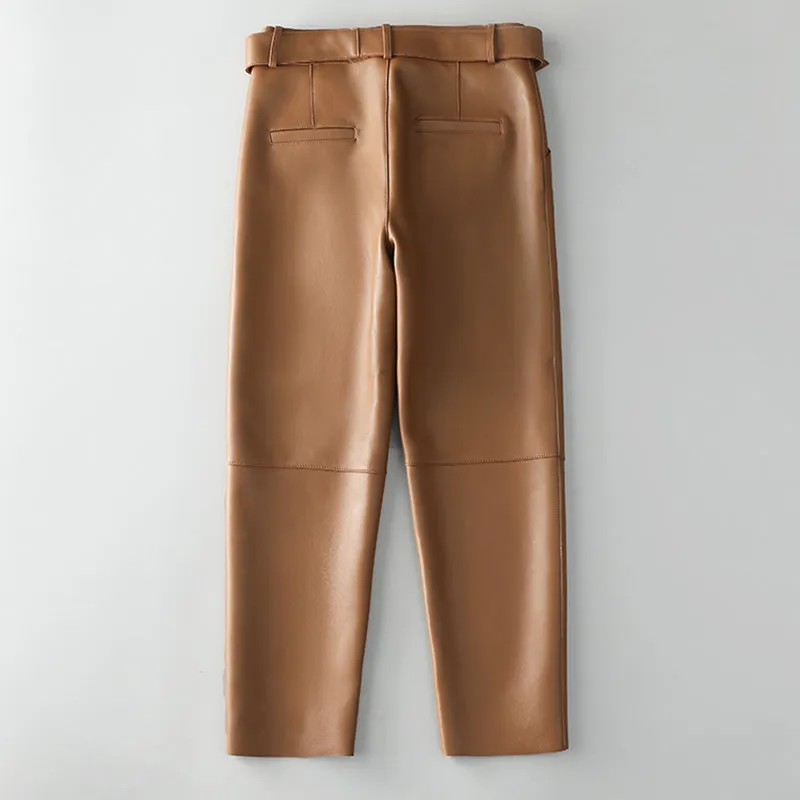 Women Leather Cropped Pants Solid Pencil Pants Slim Belt Leather Sheepskin Harem Pants Trousers Casual 2022 New SY3984