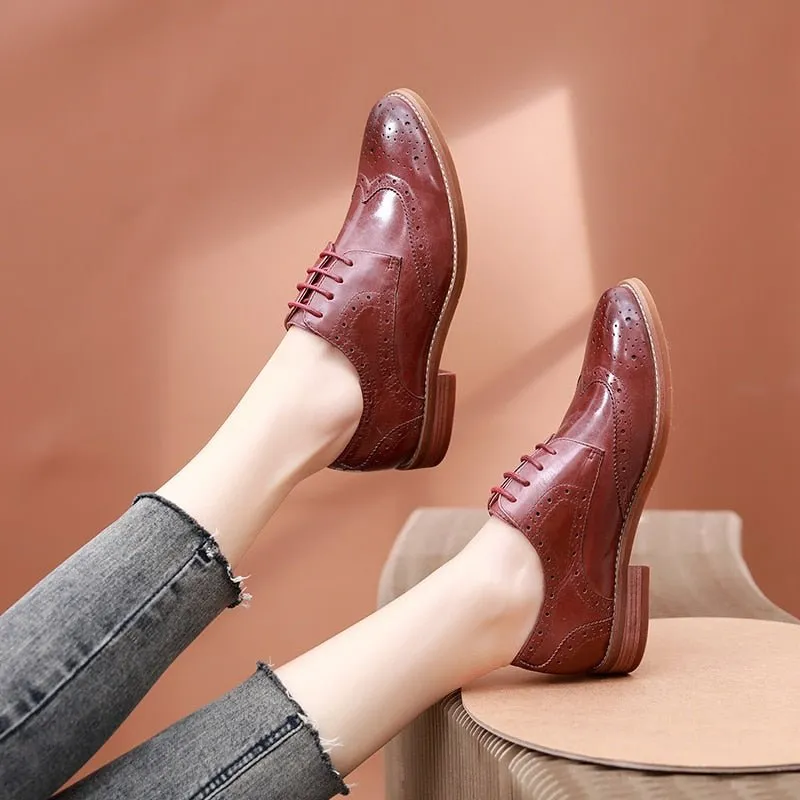 Women Leather Flat Casual Pink Oxford Shoes
