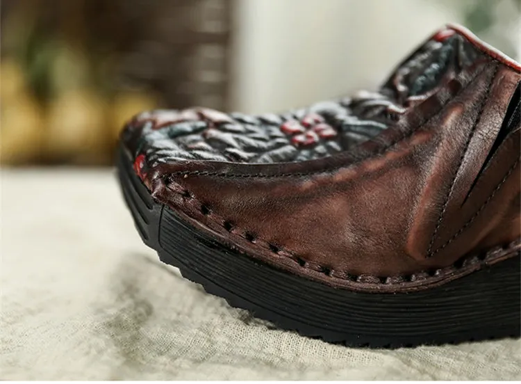 Women Leather Pumps Retro Wedge Heels High Women Shoes Autumn Slip On Handmade Genuine Leather Embroidery Pumps Women Casual