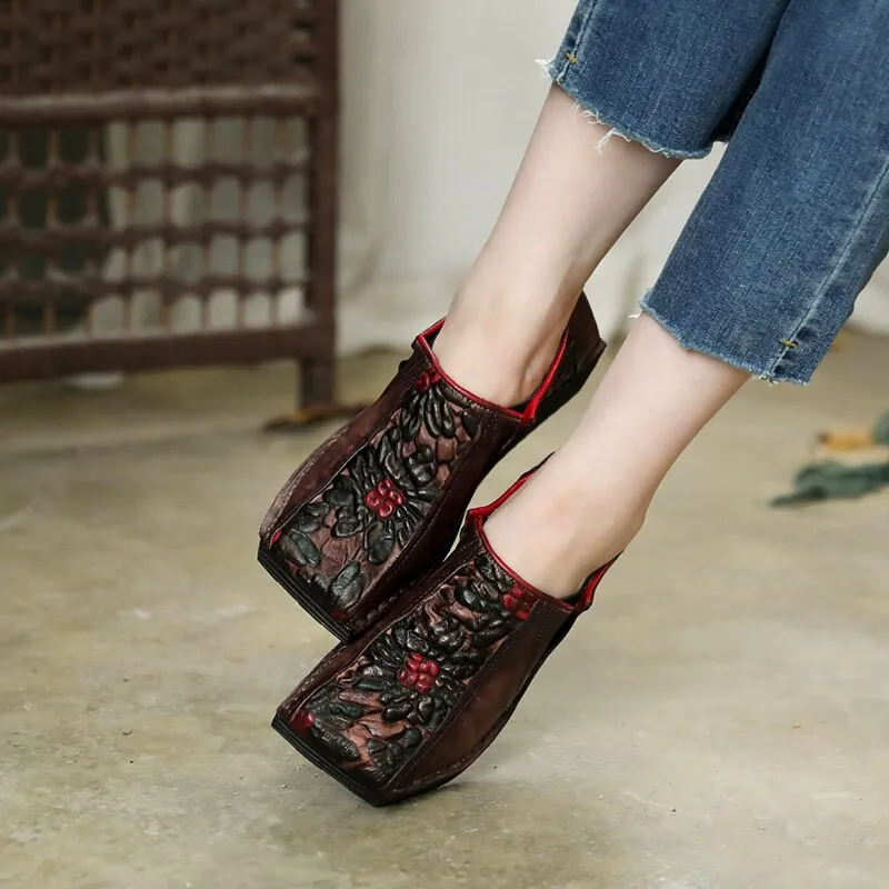 Women Leather Pumps Retro Wedge Heels High Women Shoes Autumn Slip On Handmade Genuine Leather Embroidery Pumps Women Casual