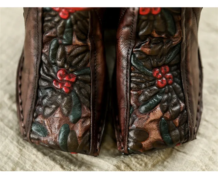 Women Leather Pumps Retro Wedge Heels High Women Shoes Autumn Slip On Handmade Genuine Leather Embroidery Pumps Women Casual
