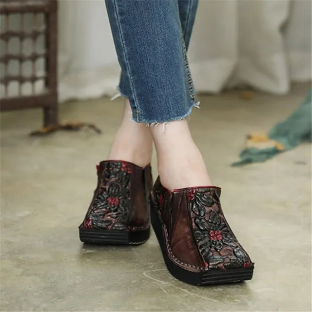 Women Leather Pumps Retro Wedge Heels High Women Shoes Autumn Slip On Handmade Genuine Leather Embroidery Pumps Women Casual