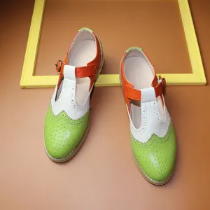 Women Oxford Brogues Shoes Genuine Leather Buckle