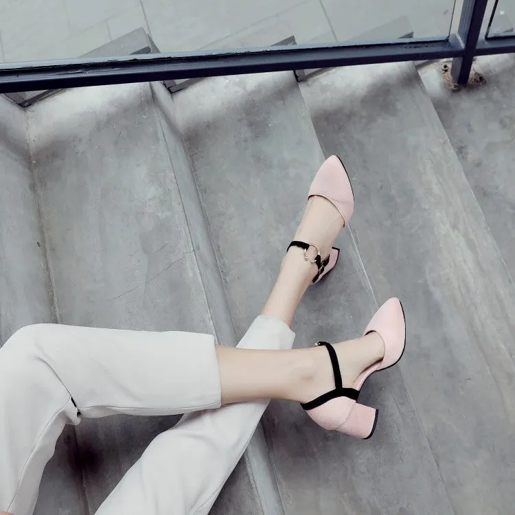 Women's Solid Color Buckle Hollow Out Ankle Strap Block Heel Sandals