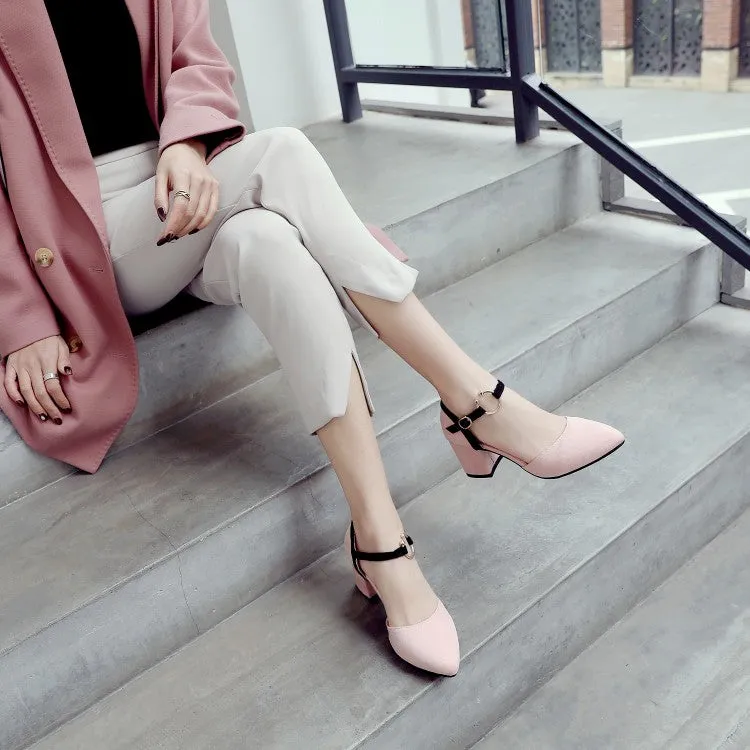 Women's Solid Color Buckle Hollow Out Ankle Strap Block Heel Sandals