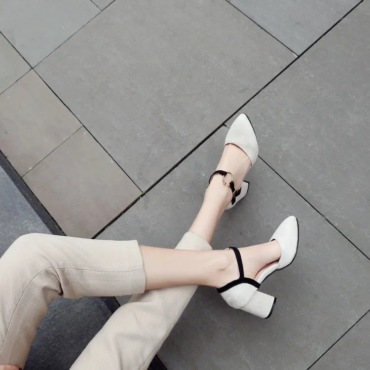 Women's Solid Color Buckle Hollow Out Ankle Strap Block Heel Sandals