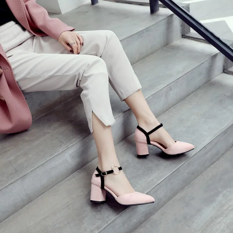 Women's Solid Color Buckle Hollow Out Ankle Strap Block Heel Sandals