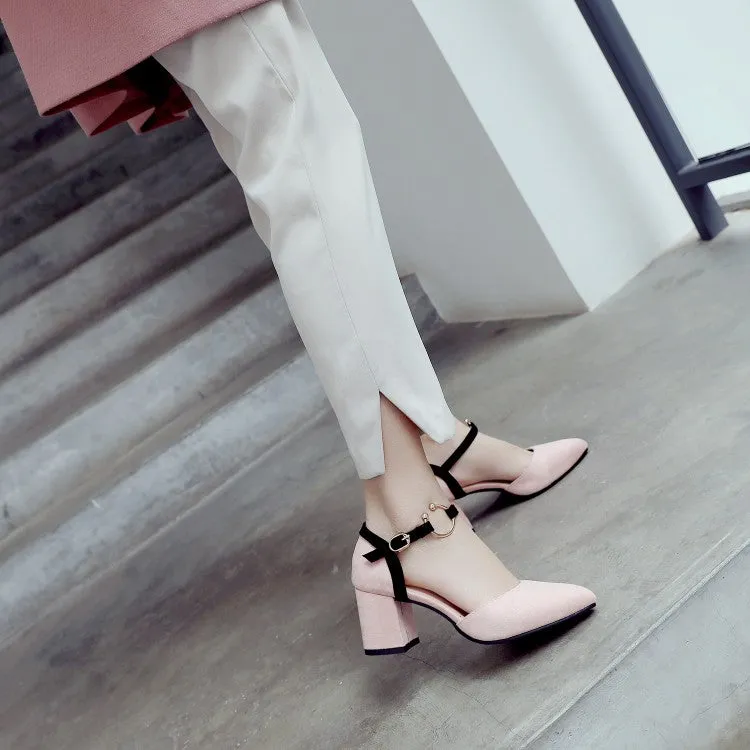 Women's Solid Color Buckle Hollow Out Ankle Strap Block Heel Sandals