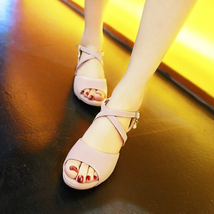 Women's Solid Color Cross Ankle Strap Block Heels Sandals