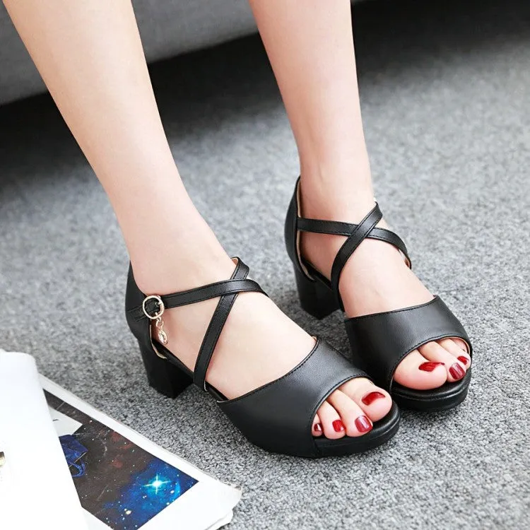 Women's Solid Color Cross Ankle Strap Block Heels Sandals