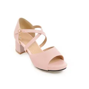 Women's Solid Color Cross Ankle Strap Block Heels Sandals