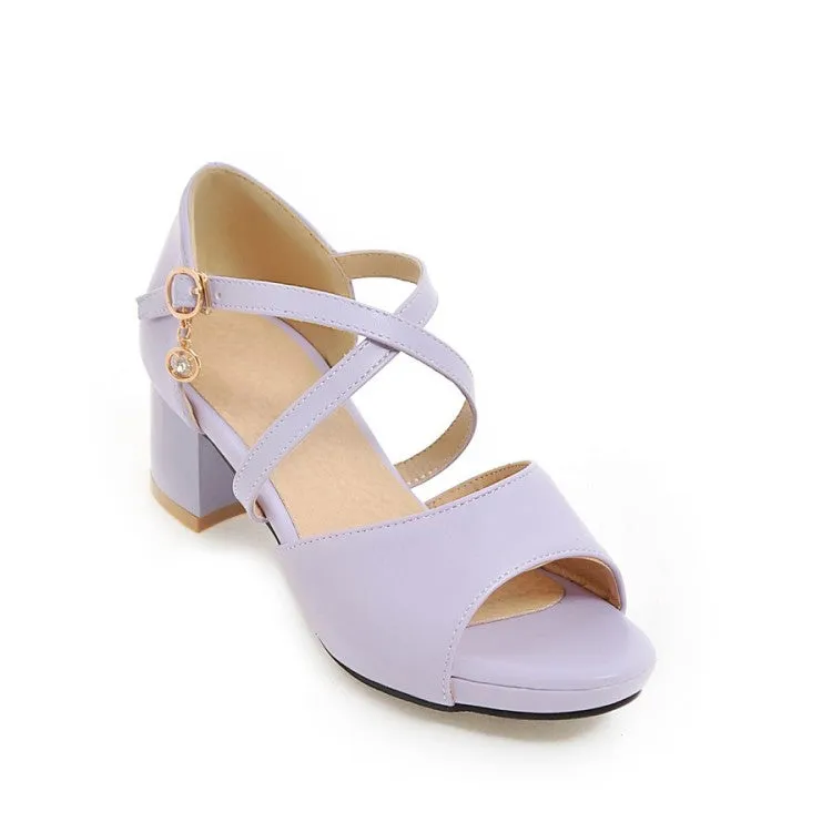 Women's Solid Color Cross Ankle Strap Block Heels Sandals