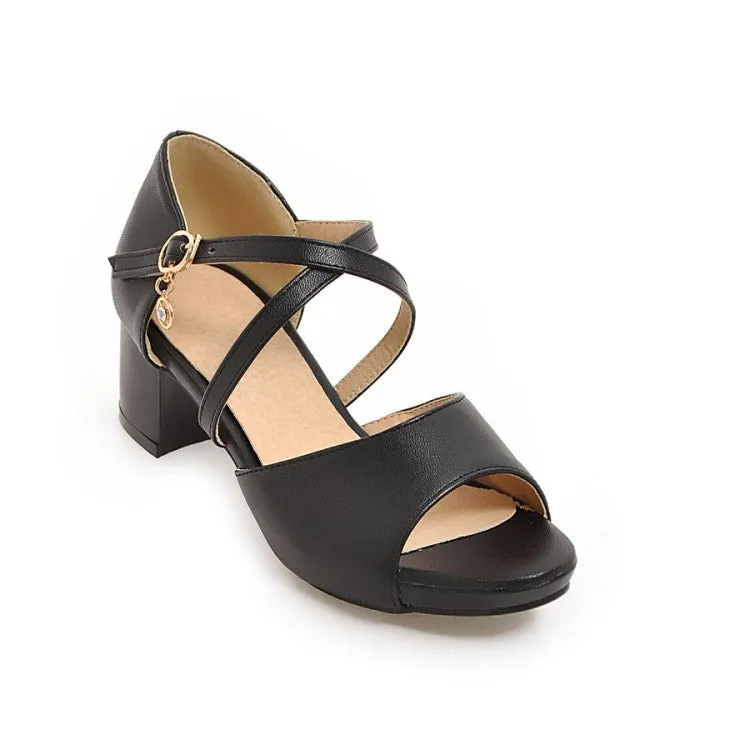 Women's Solid Color Cross Ankle Strap Block Heels Sandals