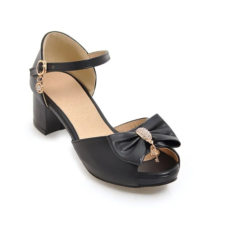 Women's Solid Color Peep Toe Butterfly Knot Rhinestone Block Heels Sandals