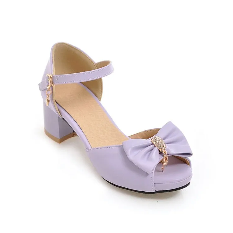 Women's Solid Color Peep Toe Butterfly Knot Rhinestone Block Heels Sandals